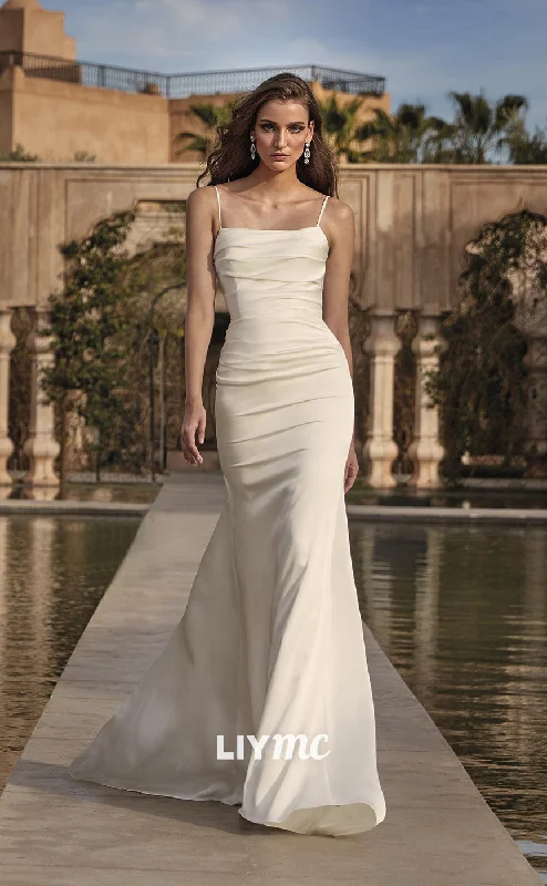 LW287 - Mermaid/Trumpet Spaghetti Straps Satin Pleated Long Wedding Dress