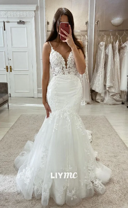 LW338 - Illusion V Neck Lace Appliques Mermaid Wedding Dress