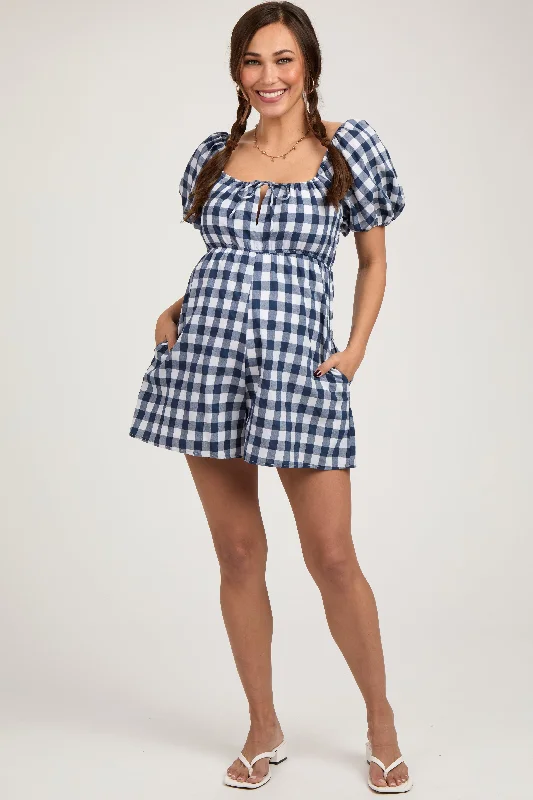 Navy Blue Gingham Cutout Maternity Romper