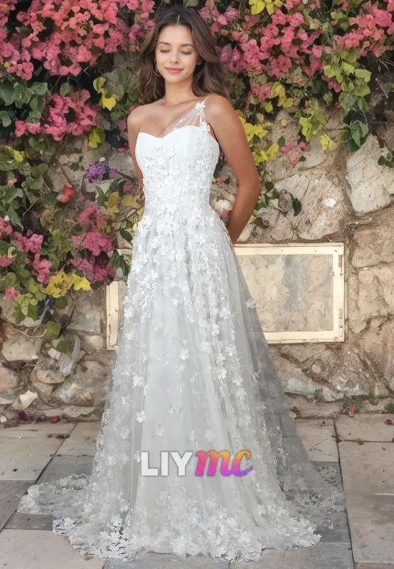 LW076 - A Line One Shoulder 3D Lace Appliqued Ruched Satin Long Wedding Dress