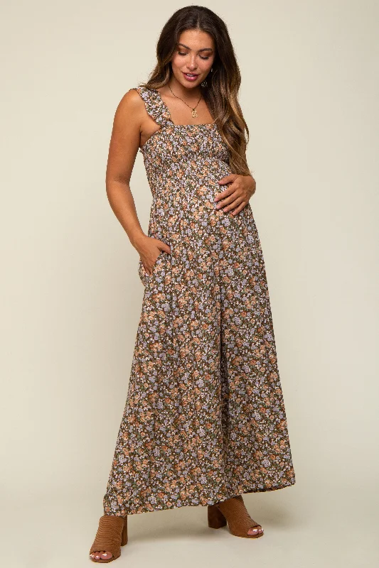 Mocha Sleeveless Floral Smocked Ruffle Maternity Jumpsuit