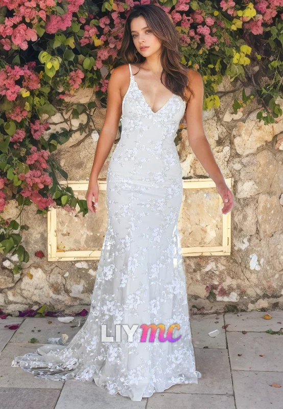 LW071 - Mermaid/Trumpet V Neck Spaghetti Straps Lace Satin Long Wedding Dress