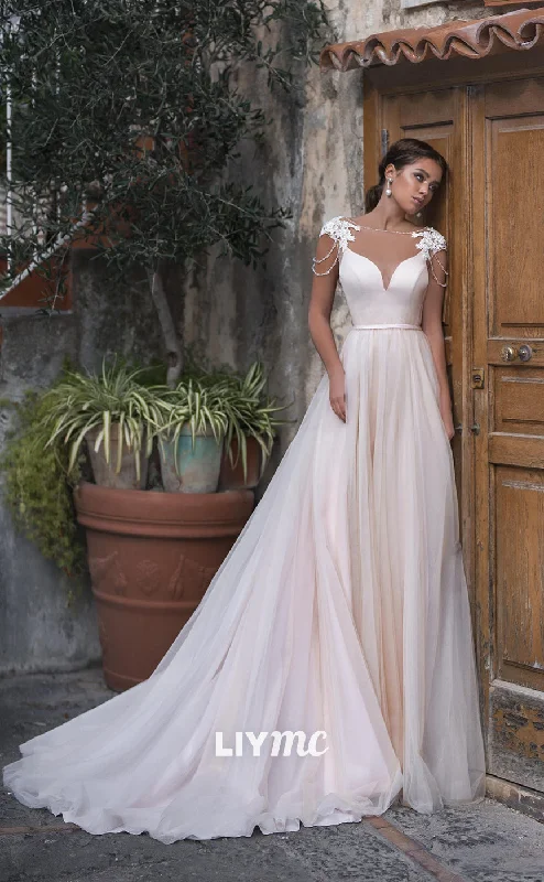 LW324 - A Line Illusion Neckline Appliques Rustic Wedding Dress