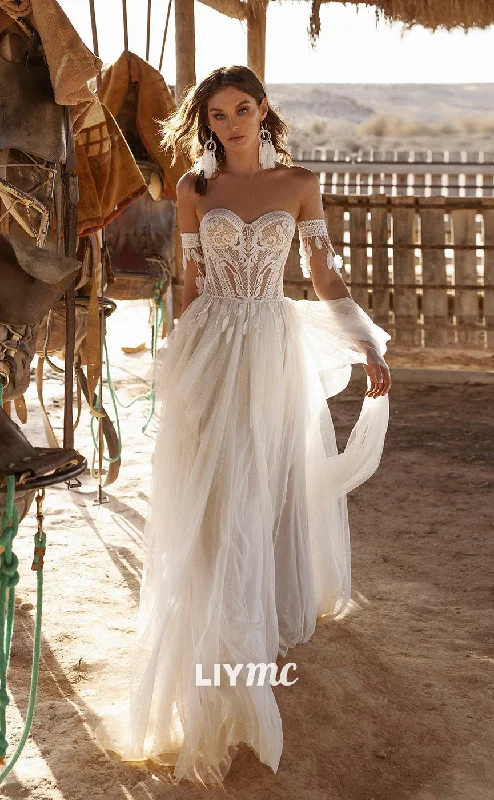 LW082 - A Line Sweetheart Strapless Lace Tulle Feather Long Boho Beach Wedding Dress