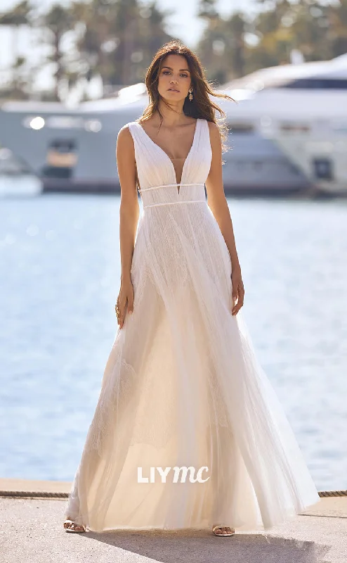 LW288 - A Line V Neck Sleeveless Sheer Tulle Pleated Long Wedding Dress