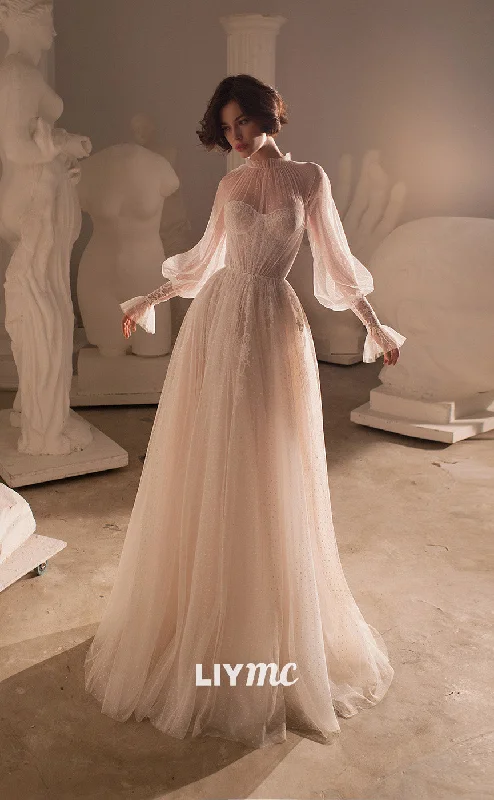 LW088 - Elegant A Line High Neck Long Sleeves Sheer Lace Tulle Long Wedding Dress