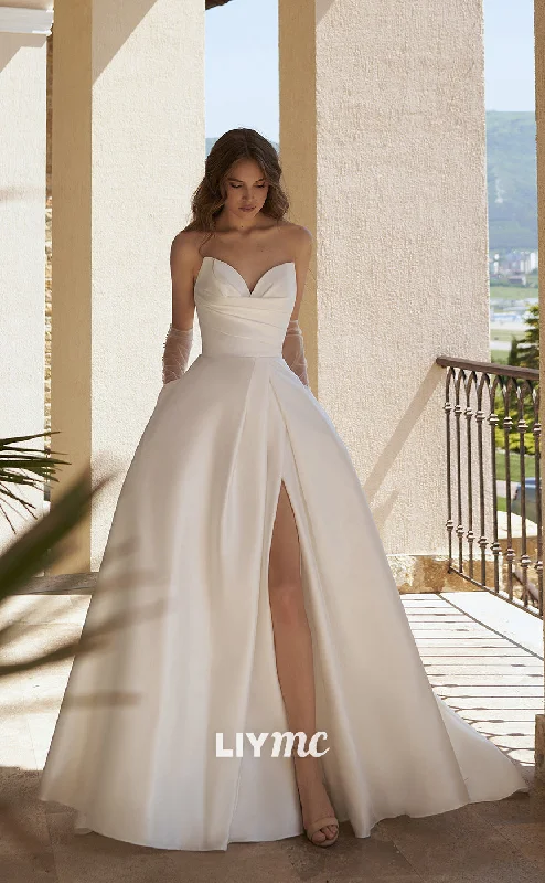 LW155 - A Line Strapless Pleated Satin Side Slit Long Wedding Dress With Gloves