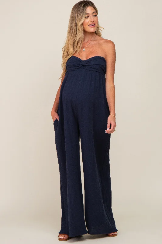 Navy Strapless Front Twist Maternity Jumpsuit