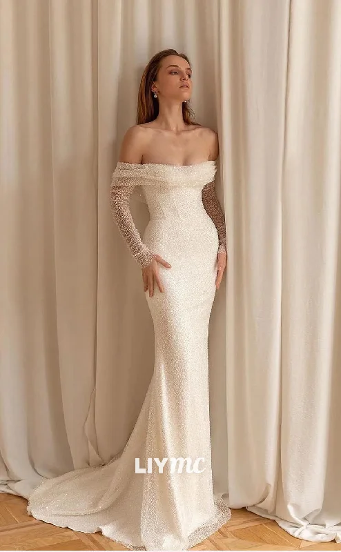 LW135 - Off Shoulder Sequins Mermaid Long Wedding Dress With Removable Train