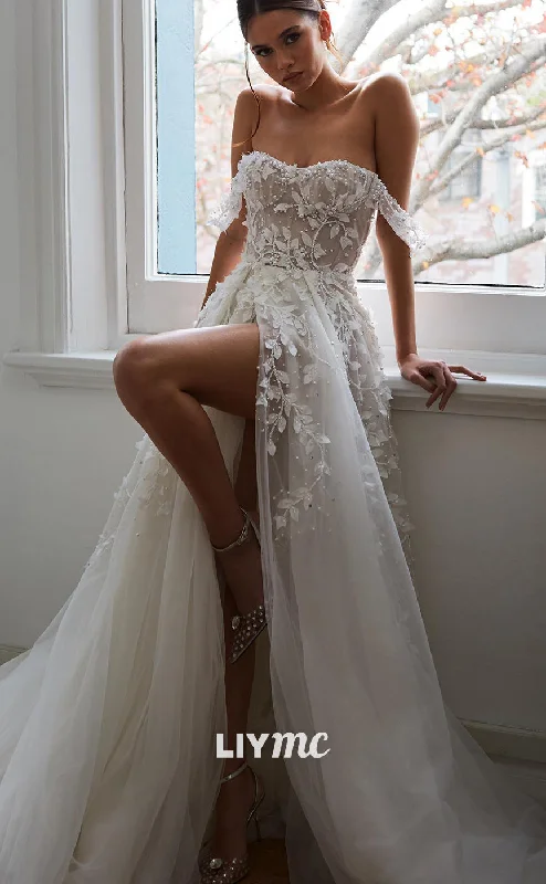 LW130 - A Line Off Shoulder Beaded Lace Sheer Wedding Dress With Slit