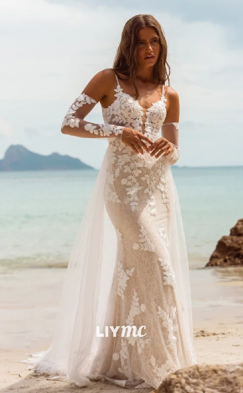 LW316 - Plunging V Neck Lace Mermaid Wedding Dress with Sleeves