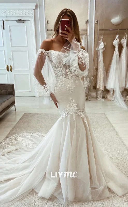 LW349 - Off Shoulder Lace Appliques Long Sleeves Mermaid Wedding Dress