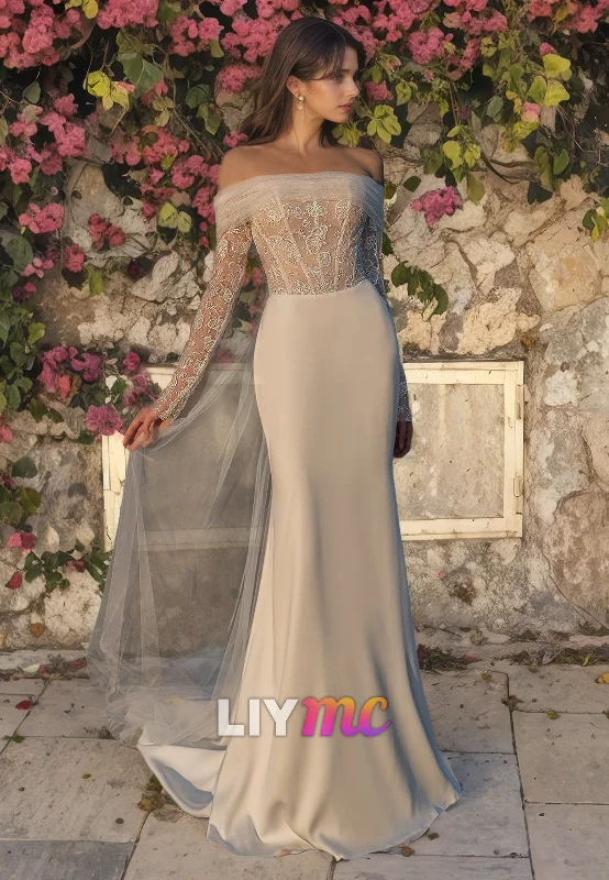 LW091 - Mermaid/Trumpet Off Shoulder Long Sleeves Lace Satin Long Wedding Dress