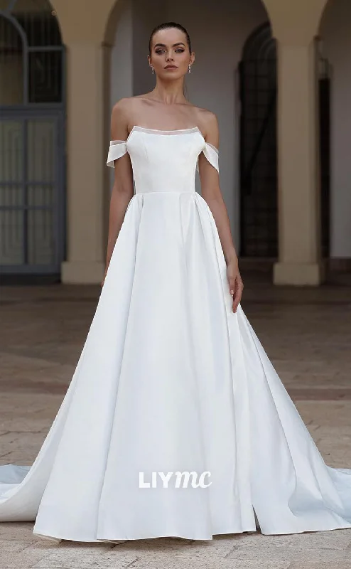 LW391 - Elegant Off-Shoulder A-Line Sleek Satin Long Wedding Dresses