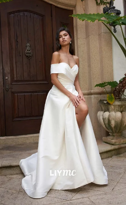 LW224 - One Shoulder Strapless Pleated Satin A Line Long Wedding Dress With Slit