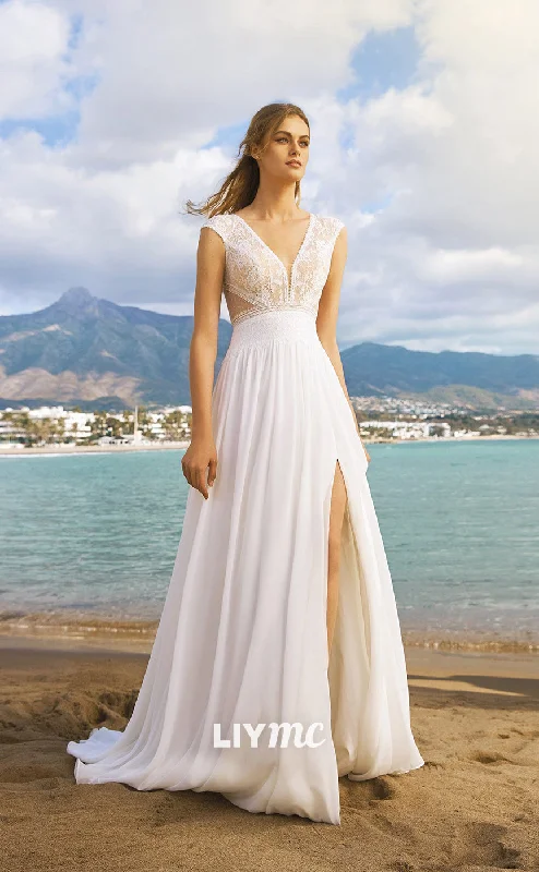 LW305 - Low V Neck Cap Sleeves Lace Chiffon A Line Long Wedding Dress With Slit