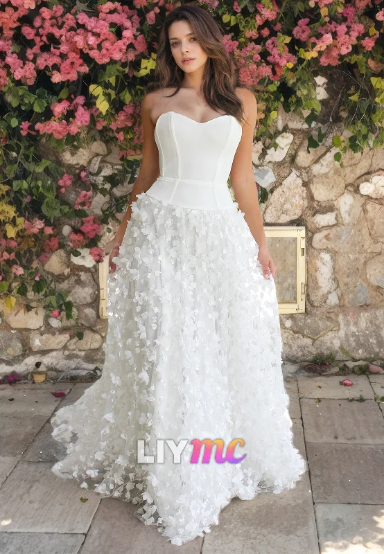 LW070 -  A Line Sweetheart Strapless Pleated 3D Lace Long Wedding Dress