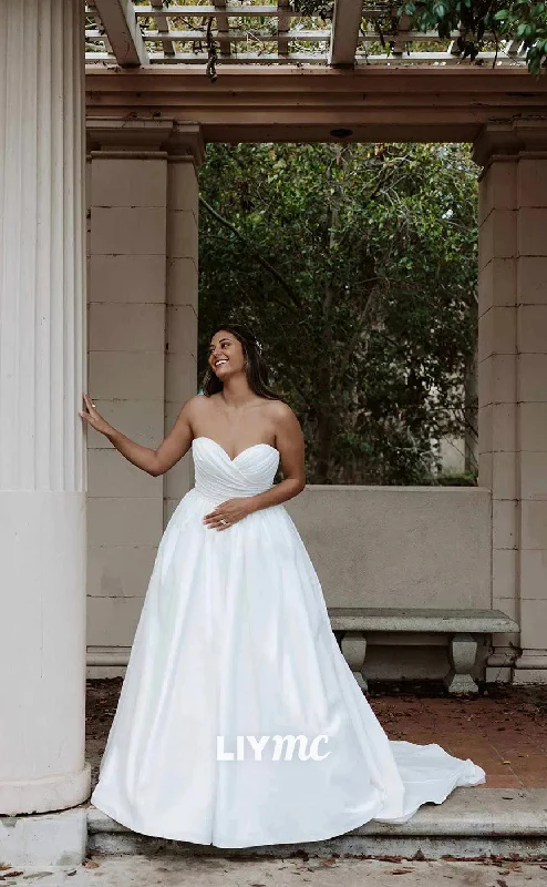 LW221 - Strapless Sweetheart Pleated Satin A Line Long Wedding Dress