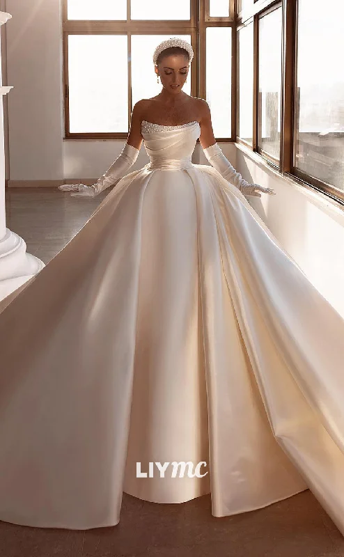 LW172 - Strapless Pearl Beaded Pleated Satin Long Wedding Ball Gown With Sweep Train