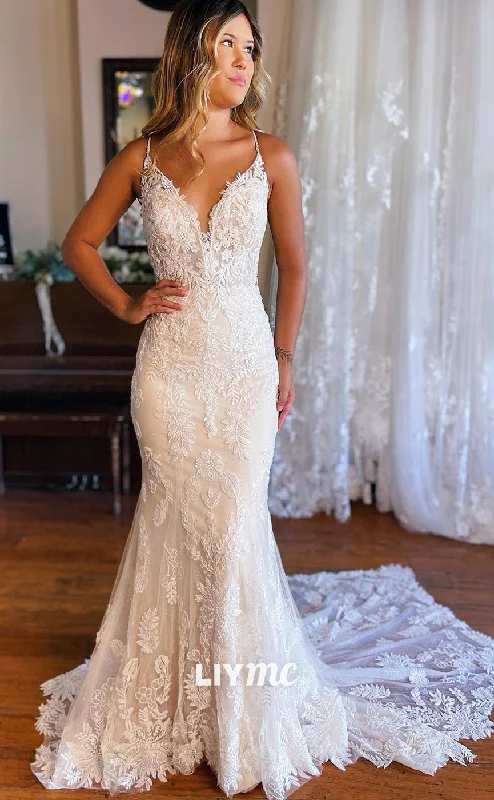 LW386 - Plunging V Neck Romantic Lace Mermaid Wedding Dress