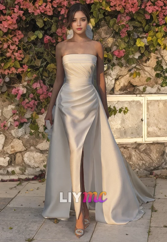 LW083 - Sheath/Column Strapless Ruched Satin Long Wedding Dress With Train