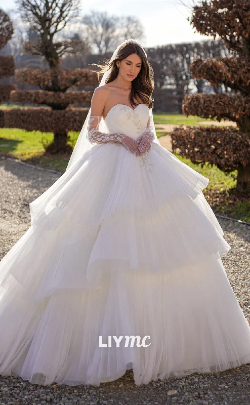 LW248 - Sweetheart Strapless Appliqued Tiered Tulle Long Wedding Ball Gown