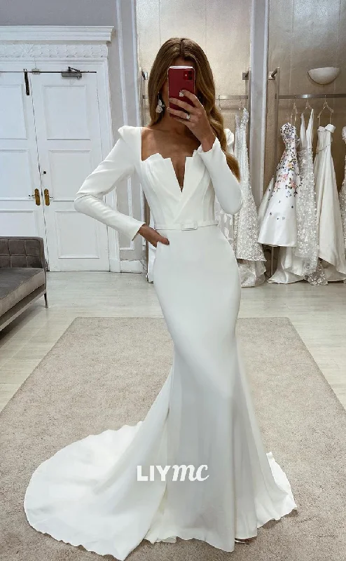 LW334 - Sexy V Neck Long Sleeves Satin Elegant Mermaid Wedding Dress