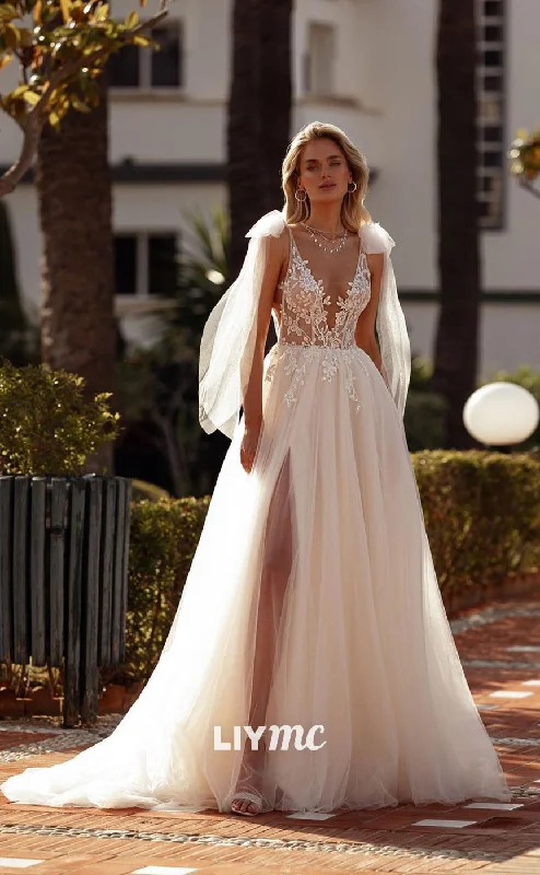 LW326 - A Line Illusion V Neck Lace Appliques Elegant Wedding Dress