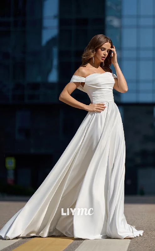 LW154 - Simple Off Shoulder Pleated Satin A Line Long Wedding Dress