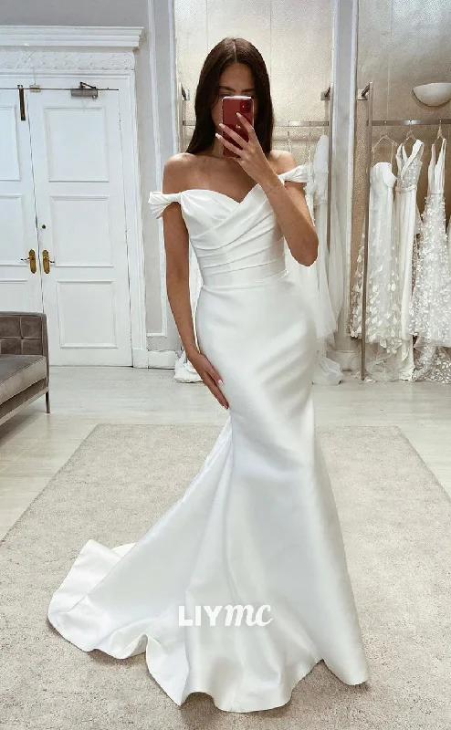 LW335 - Off Shoulder Satin Pleated Mermaid Elegant Wedding Dress