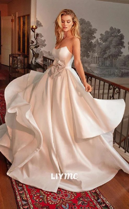 LW255 - Romantic Strapless Tiered Satin A Line Long Wedding Dress With Bow