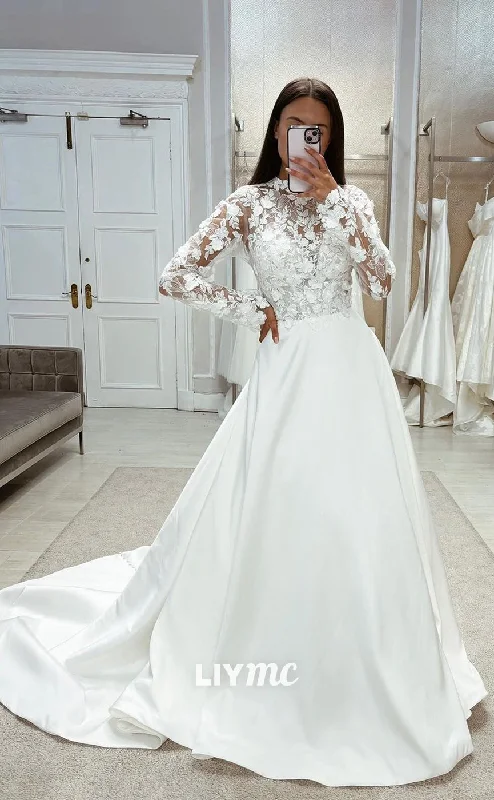 LW337 - Illusion High Neck Lace Long Sleeves A Line Elegant Wedding Dress