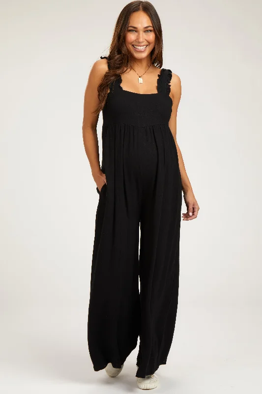 Black Ruffle Trim Back Tie Maternity Jumpsuit