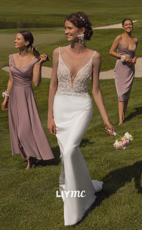 LW085 - Mermaid/Trumpet Low V Neck Beaded Appliqued Satin Long Wedding Dress