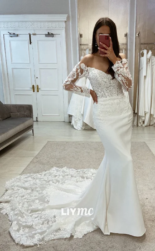 LW363 - Off Shoulder Lace Appliques Long Sleeves Mermaid Wedding Dress