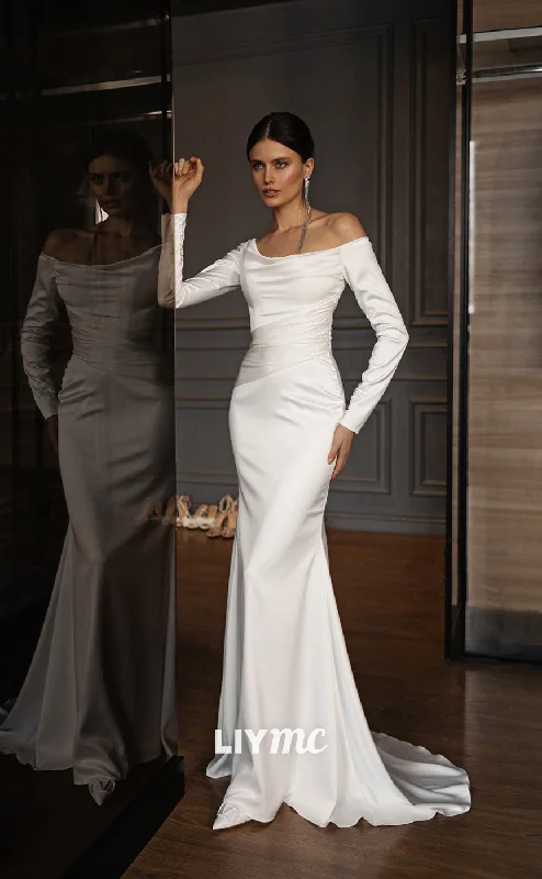 LW151 - Mermiad/Trumpet One Shoulder Long Sleeves Pleated Satin Long Wedding Dress