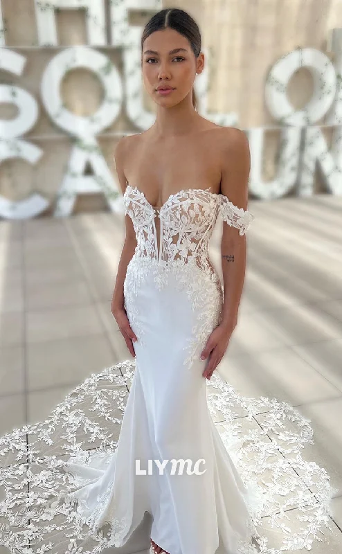 LW368 - Illusion V neck Lace Appliques Mermaid Wedding Dress