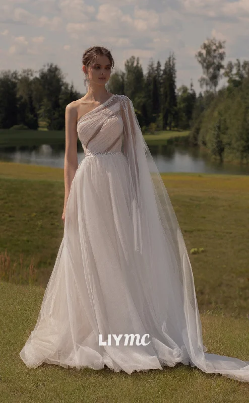 LW087 - A Line One Shoulder Beaded Sheer Pleated Tulle Long Wedding Dress