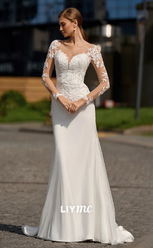 LW141 - Illusion Lace Appliqued Long Sleeves Satin Mermaid Long Wedding Dress