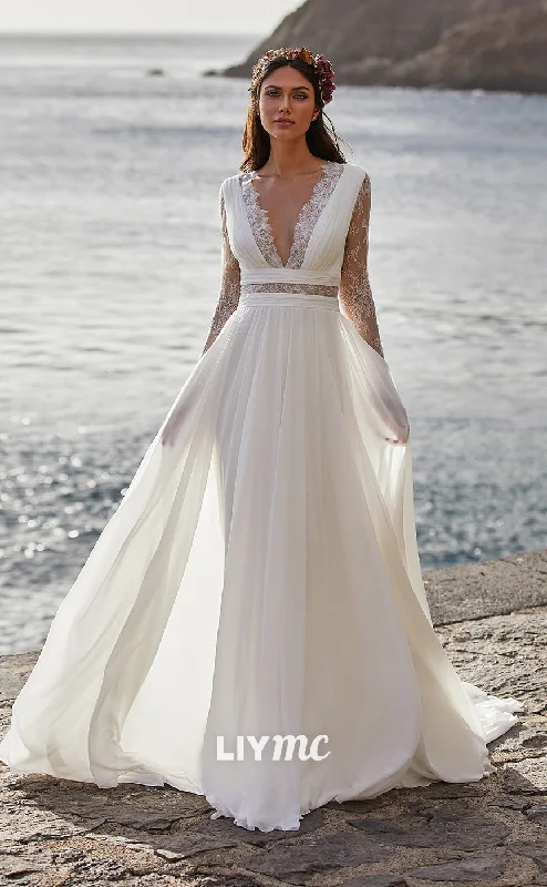 LW286 - A Line Low V Neck Sheer Lace Chiffon Boho Beach Long Wedding Dress