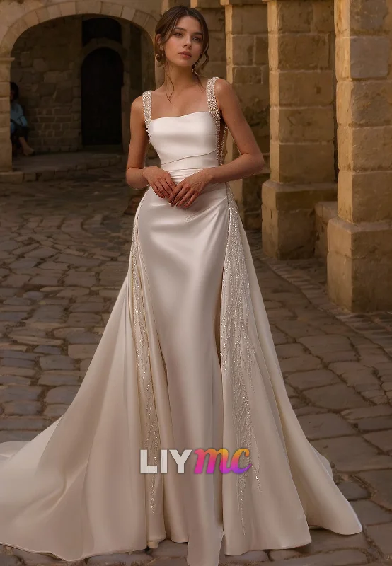 LW280 - Square Neck Beaded Satin Long Wedding Dress With Removable Train