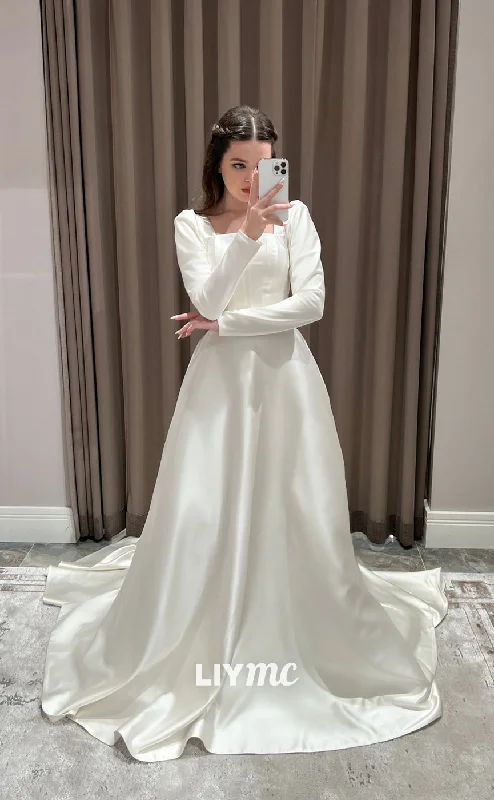 LW246 - A Line Square Neck Long Sleeves Pleated Satin Long Wedding Dress