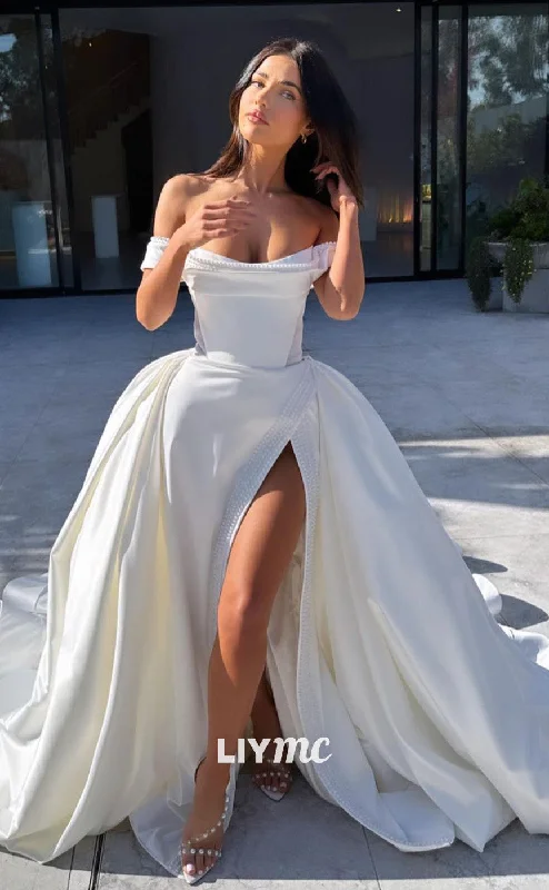 LW191 - Off Shoulder Beaded Pleated Satin Long Ball Wedding Gown With Slit