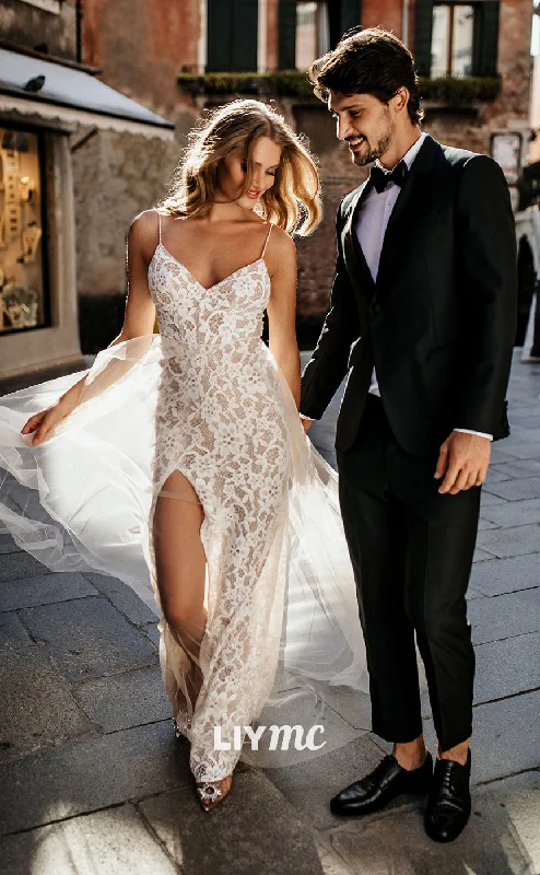 LW240 - Sheath/Column V Neck Lace Long Wedding Dress With Tulle Overskirt