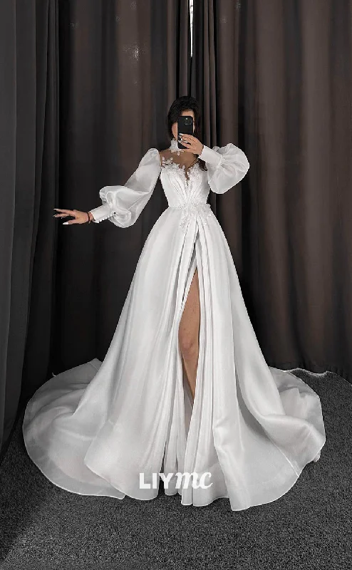 LW188 - Illusion High Neck Long Sleeves Appliqued Satin A Line Long Wedding Dress