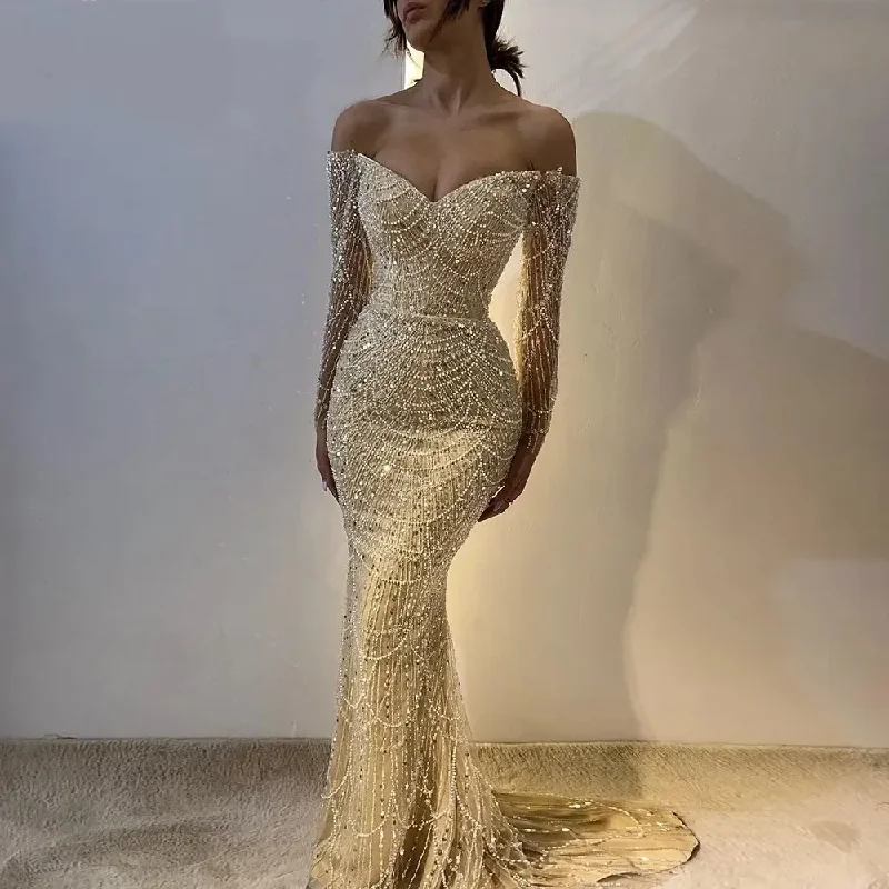 Luxury Prom Pageant Dress Off Shoulder Long Sleeves Pearls Sequined Evening Formal Birthday Gowns