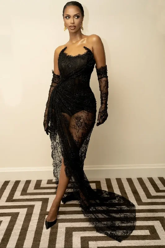 Eye Catching See Thru Black Lace Asymmetrical Long Maxi Gowns Strapless Corset Sexy Evening Dresses With Train No Gloves