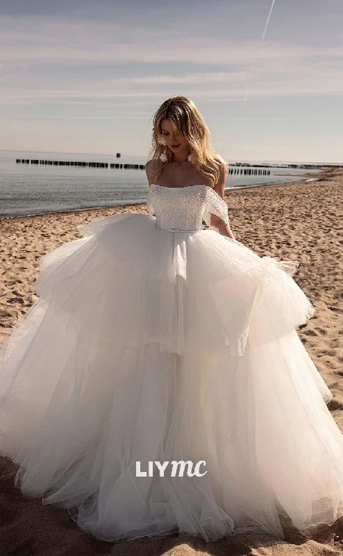 LW216 - Romantic Off Shoulder Beaded Tiered Tulle Long Wedding Ball Gown