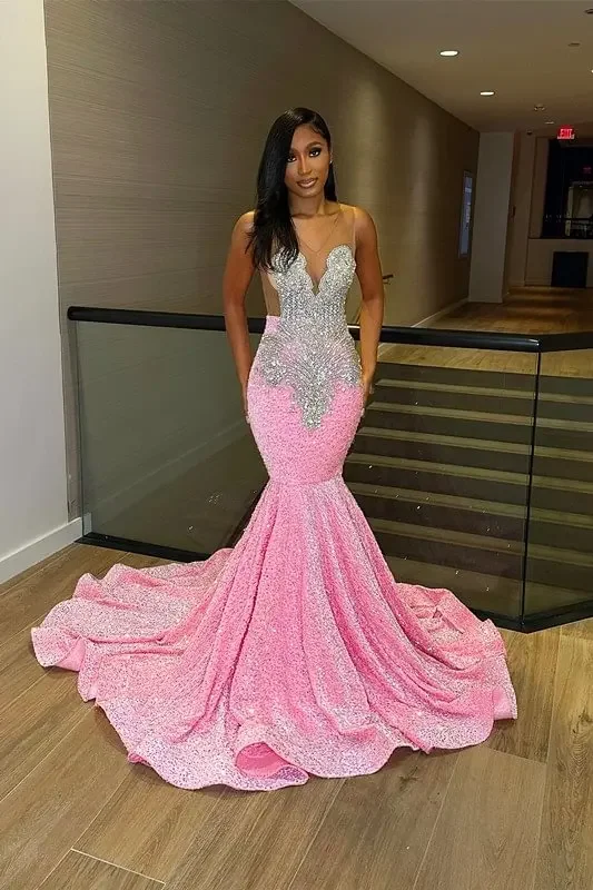 Luxury Pink Sequin Mermaid Long Prom For Black Girl Beads Crystals Birthday Party Gowns Formal Evening Dress فساتين السهرة