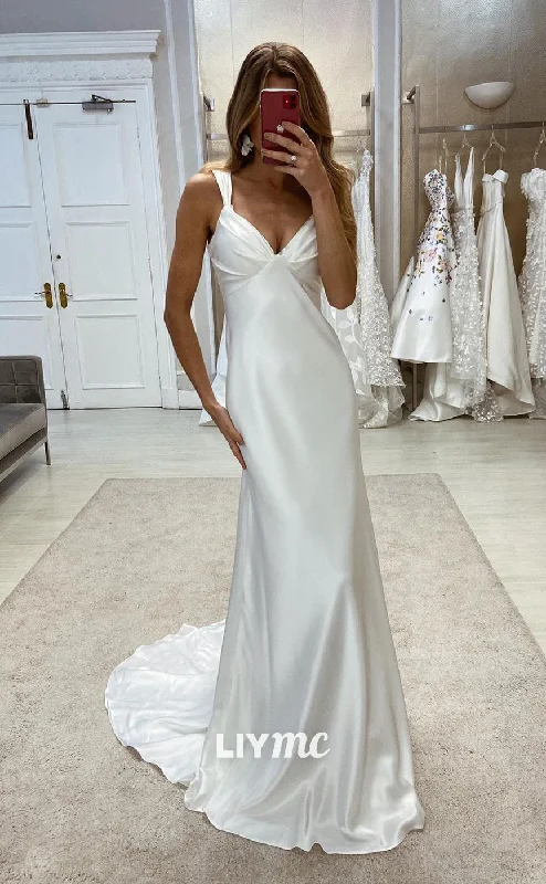 LW332 - Sexy V Neck Satin Pleated Mermaid Simple Wedding Dress